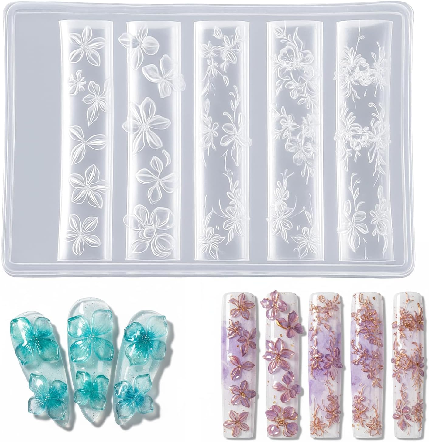 3D Flowers Nail Mold, Silicone Nail Molds for Nails Art 3D Gel Nails Flower Molds Spring Flowers Nailes Charms Mold Floral Silicone Tools Carving Mould for Manicure Decorations Accessories