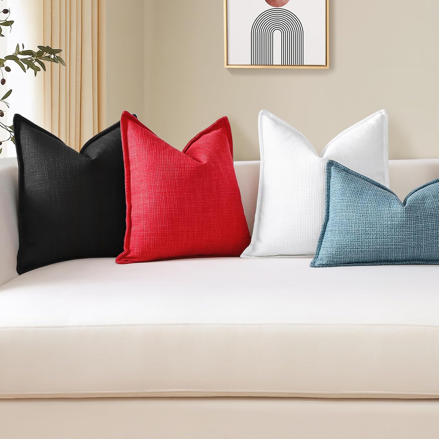 OTOSTAR Pack of 2 White Decorative Pillow Covers 24x24 Inch Soft Linen Texture Couch Throw Pillows Farmhouse Cushion Covers with Elegant Design for Sofa Bedroom Living Room Home Decor 60 x 60 CM
