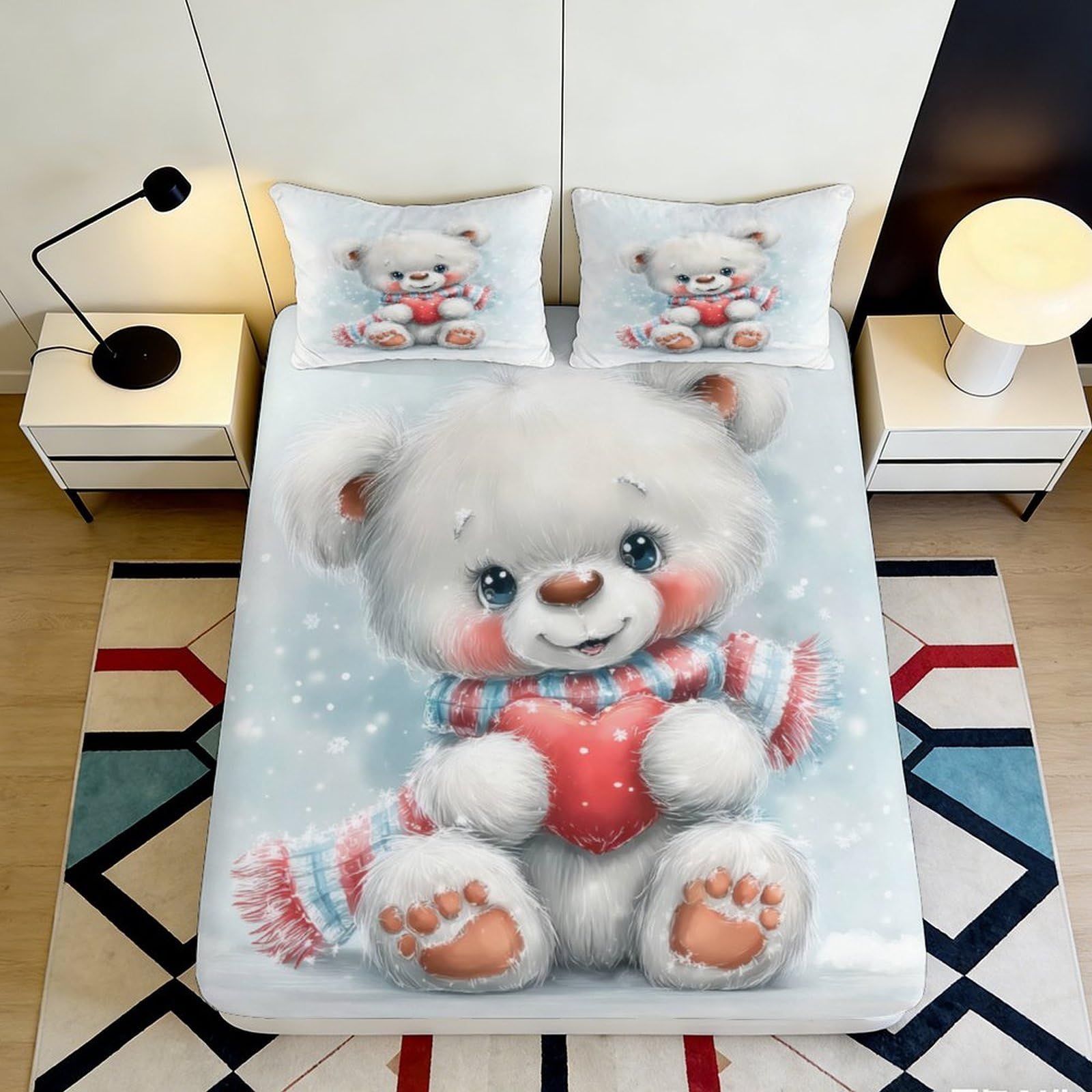 3D Printed Cute Teddy Bear Fitted Sheet Microfiber Soft Breathable Cartoon Heart Bed Cover for Bedroom Dormitory Guest Room Mattress Protection 180x200x25cm