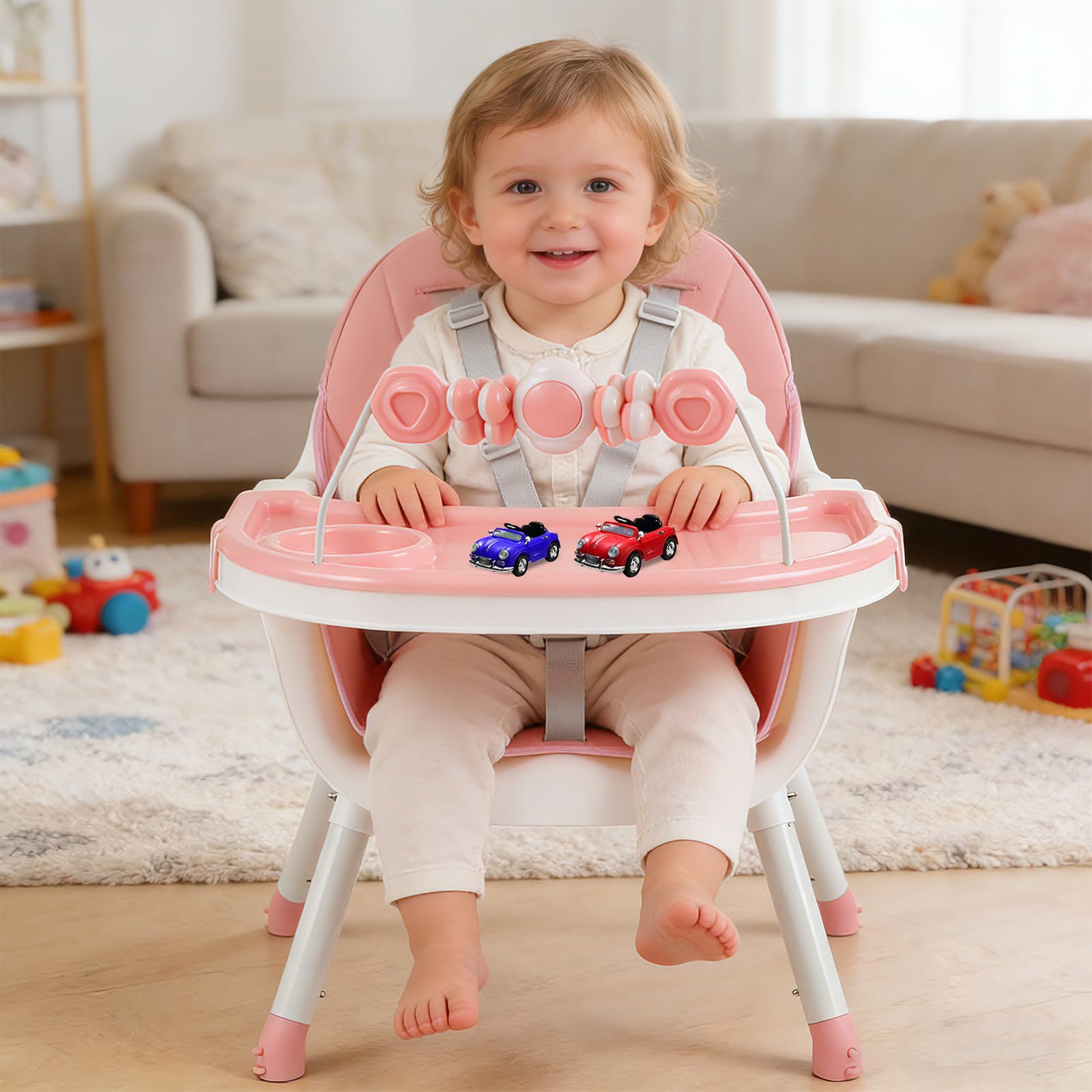 Toddmomy Krzesełko dla niemowląt | 6 w 1 ergonomiczne krzesełko do karmienia, podwyższenie siedziska, stolik do gier | Rozkładany fotelik dla malucha z pasami bezpieczeństwa do jedzenia i zabawy