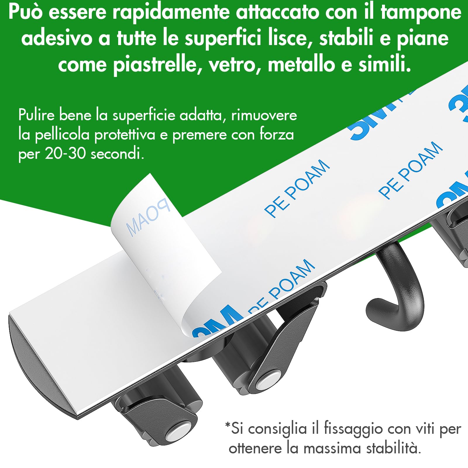 Radikor Porta Scope Parete, Portascope da Muro con 4 Supporti e 3 Ganci, Appendi Scope a Muro Autoadesivo, Appendiscope in Acciaio Inox Avvitabile, Ganci Porta Attrezzi da Giardino, Nero