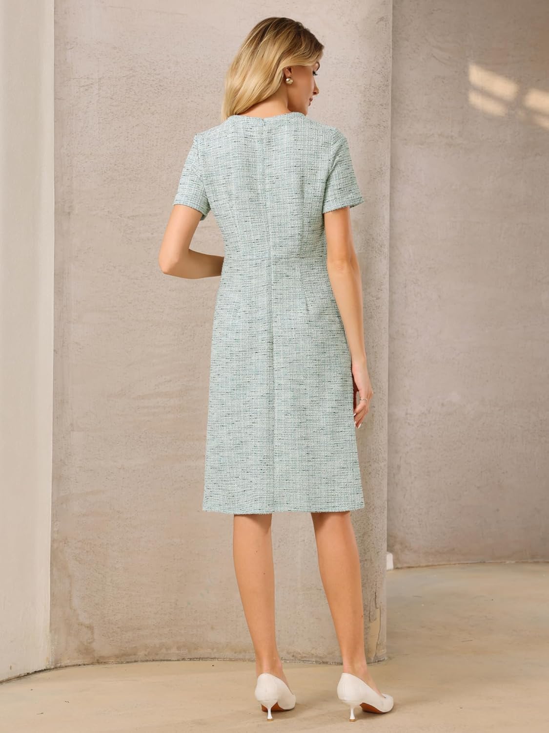 Women's Short Sleeve A-line Dress Button Decor Elegant Work Tweed Dresses - Image 4
