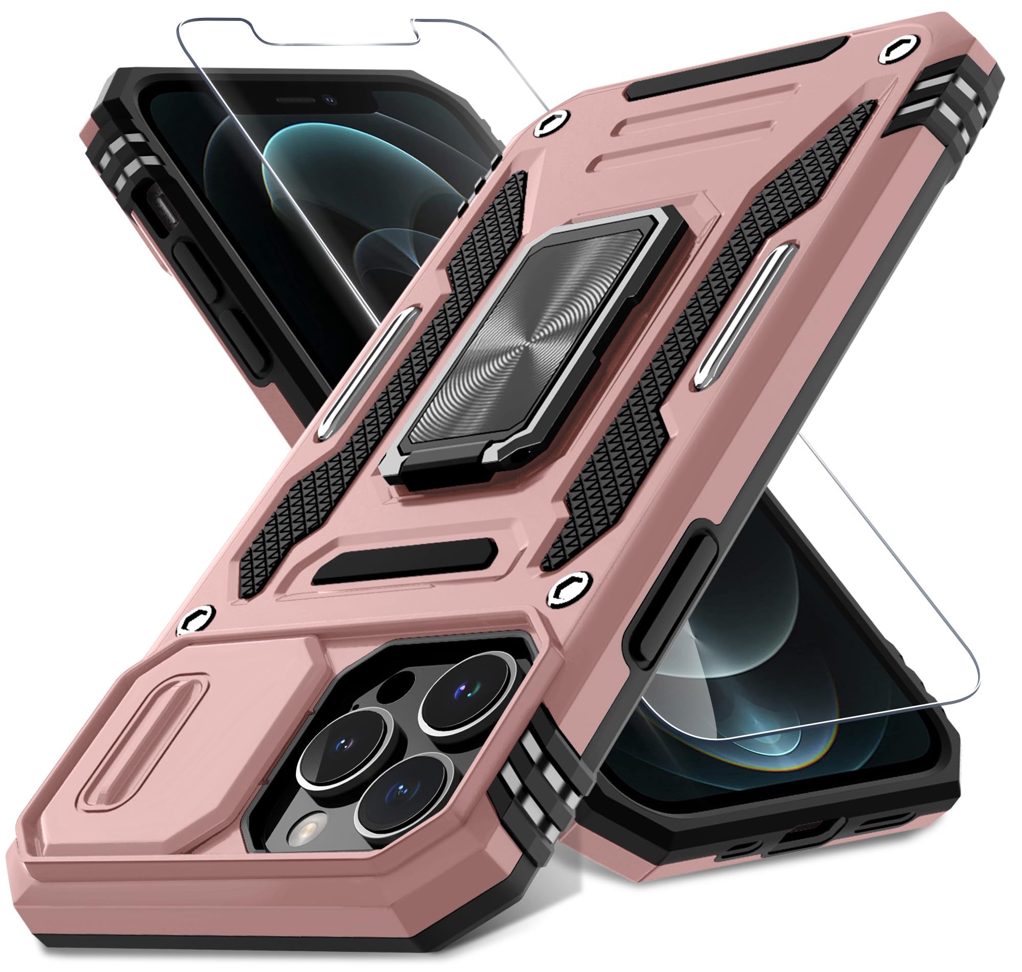 DEERLAMN Case for iPhone 13 Pro Max with Slide Camera Cover+Screen Protector(1 Pack),Rotated Ring Kickstand Military Grade Shockproof Protective Cover