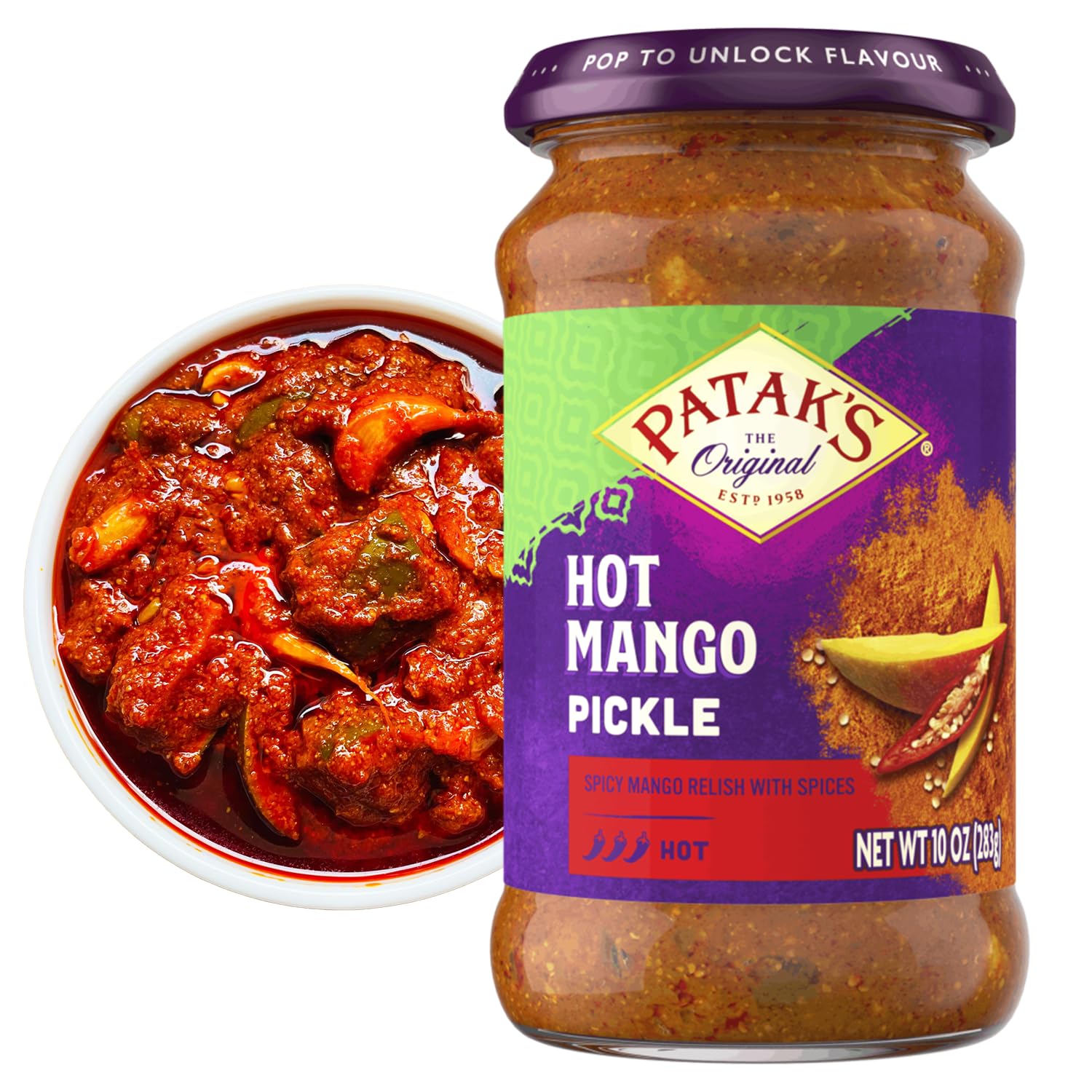 Patak’s Hot Mango Pickle - Authentic Indian Relish w/Mango Chunks, Mustard Seeds & Aromatic Spices – Perfect for Sandwiches, Salads & Cold Meats - Vegan Spicy Pickle - 10oz Jar (Pack of 6)