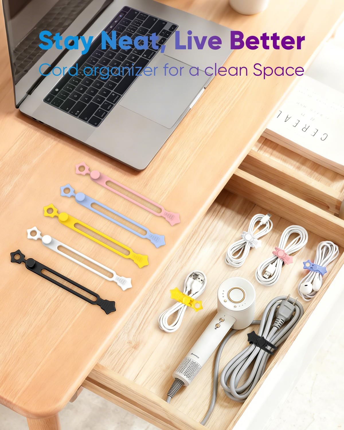 Quick Bind–Silicone Cable Ties Reusable, Cord Organizer for Charging Cables, Data Cables & Computer Wires, Multipurpose Elastic Cable Management Straps for Home,Office,Travel(16pcs,colorful)