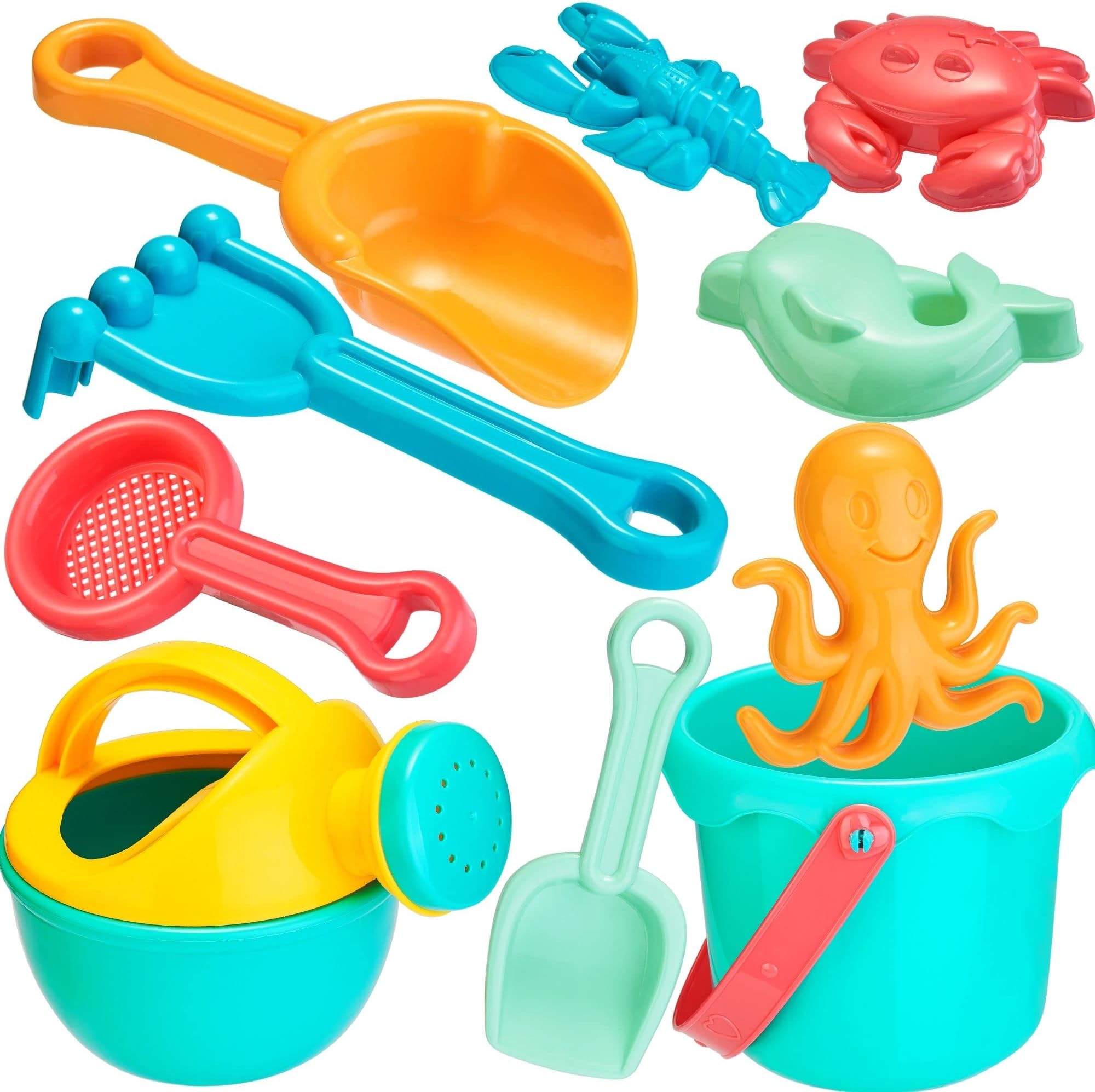 LubibiBeach Toys Set For Kids, 10 PCS Sand Toys Including Buckets, Watering Cans, Shovels, Rakes, Sea Animal Molds, Outdoor Fun Sand Tools For Toddler Boys Girls 1 2 3 4 5 Years Old