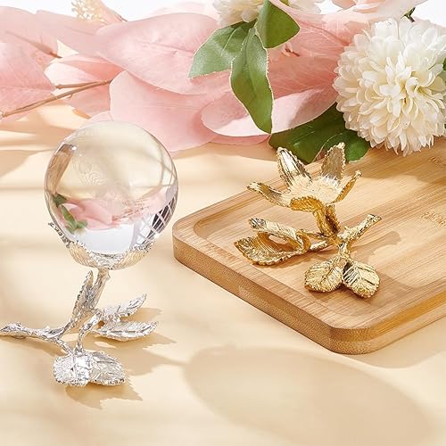 Miniatura 4 de DELORIGIN Soporte de exhibición de bola de cristal en forma de rosa, soporte de exhibición de metal para esferas de cristal, soporte de rocas de