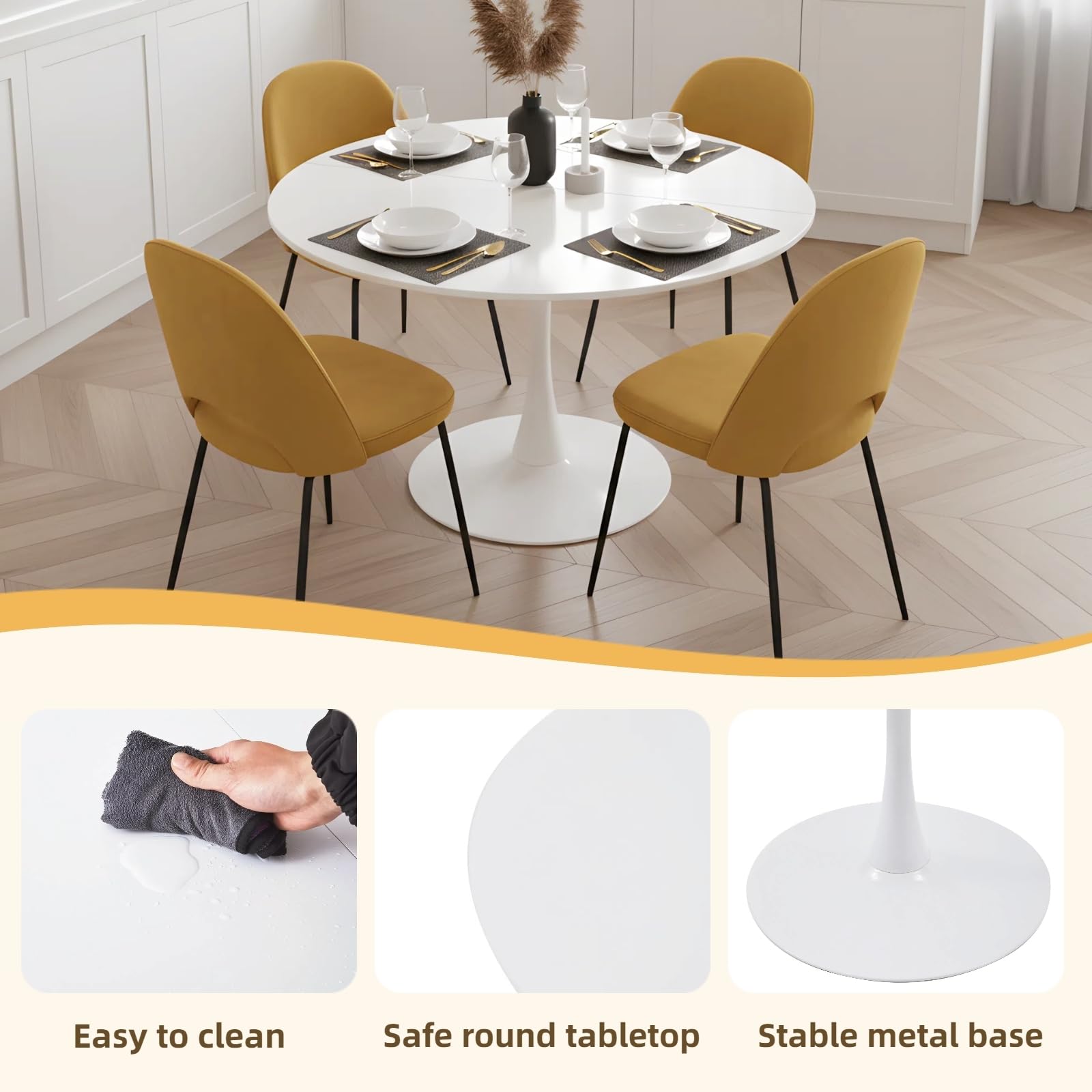 Tavolo da pranzo rotondo bianco da 110 cm, diametro per 4-6 persone, tavolo rotondo da pranzo moderno con base in metallo, per cucina, soggiorno, ristorante, caffè, ufficio, bianco
