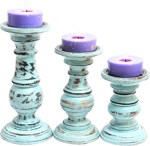 Miniatura 13 de Juego de 3 portavelas para velas de pilar, portavelas de madera de granja, hecho a mano para Homedecor, centro de mesa, soporte de vela de madera