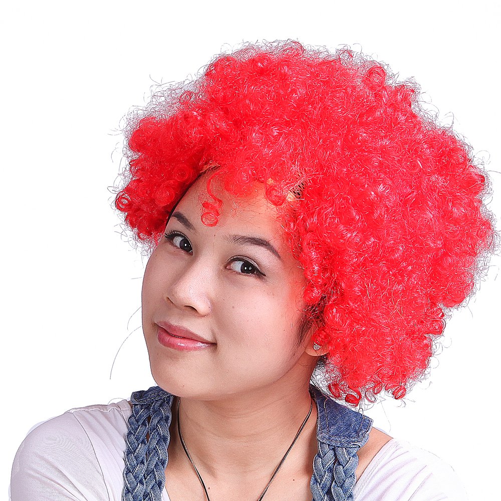 Hde Unisex Red Neon Color Afro Curly Clown Halloween Costume Party Wig Fake Goofy Hair (Red)