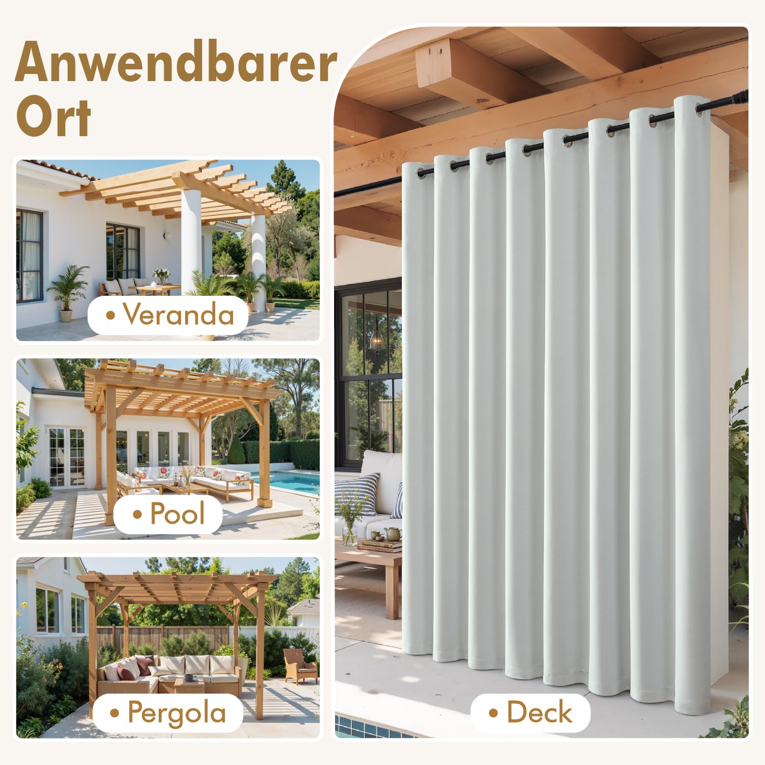 MIULEE Outdoor Vorhang 2 Stücke Outdoorvorhänge Wetterfest mit Ösen, Blickdicht Sonnenschutz Wasserdicht Outdoor Außen Gardine für Garten Terrasse Pavillon Veranda Balkon B 132 x H 245 cm Grau-Weiß