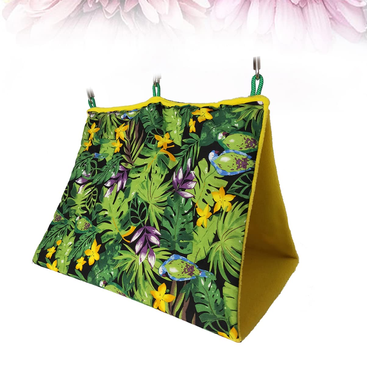 Happyyami Hamac Suspendu Nid Oiseau Vert en Tissu pour Perroquet Motif Forêt Tropicale Lit Confortable et Sécurisé pour Canaris et Alouettes, pour Porte ou Chevet