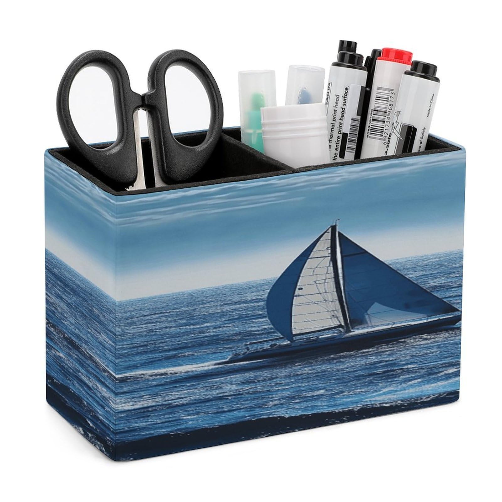 VstaDank Blue Sea Sailboat Pencil Holder for Desk Organizer 2 Compartments Pen Cup Leather Square Pen Holder Pencil Cup Stand Makeup Brush Holders for Desktop Organizer Storage Case