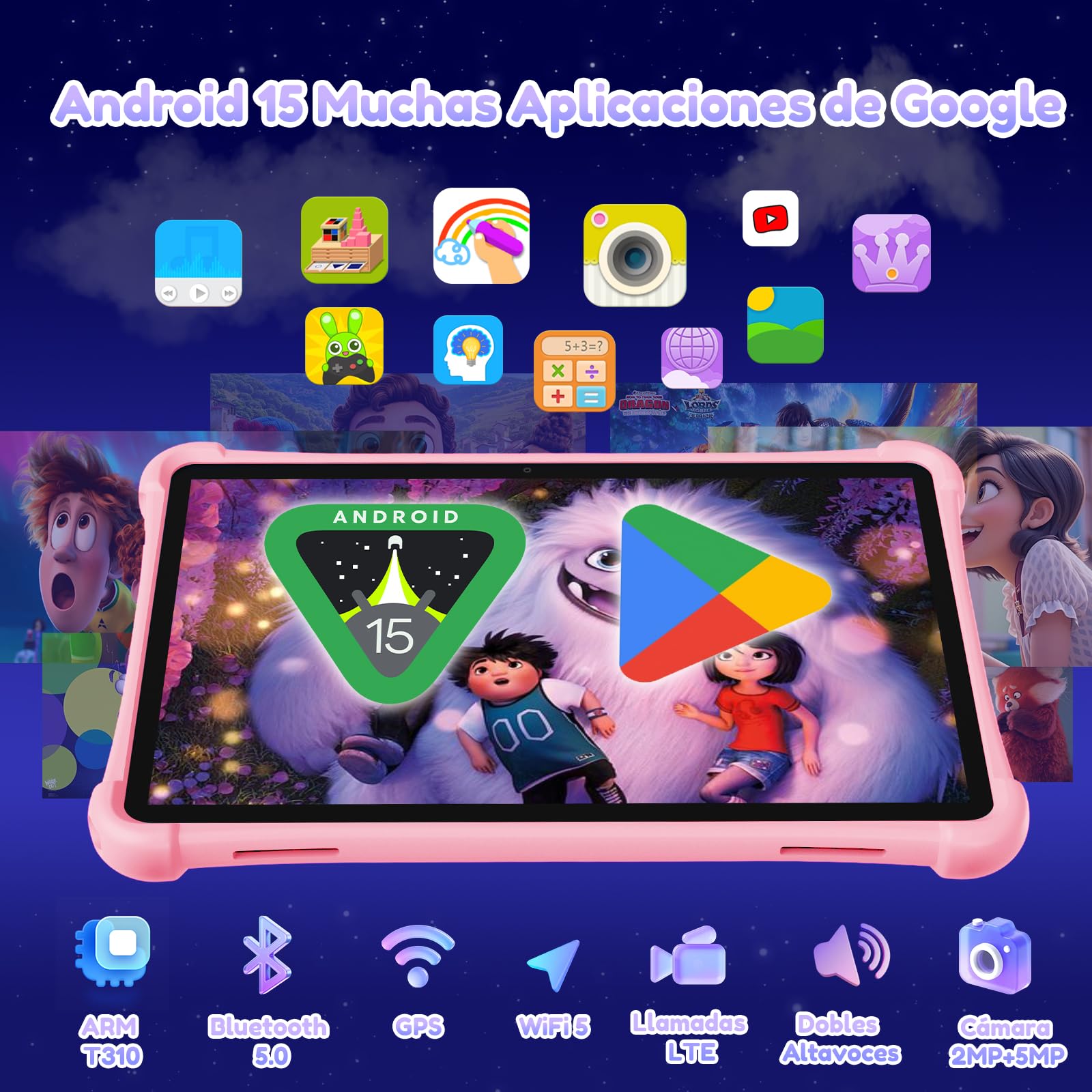 ALLDOCUBE Tablet Niños 10 Pulgadas, Tableta Infantil Android 15, 7 GB+64 GB, Batería 5500mAh, Wi-Fi, BT, GPS, Control Parental, iWAWA Preinstalado, Tableta Educativa para Niños con Funda