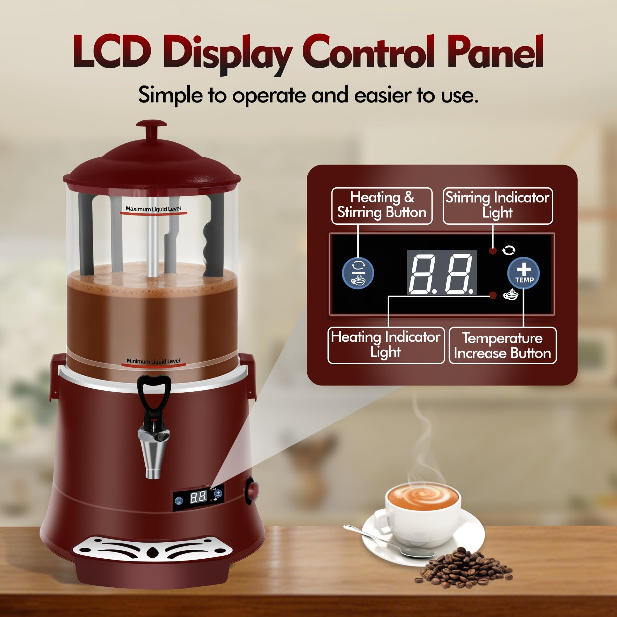 Macchina per Cioccolata Calda Commerciale 10L/2,64Gal, con Riscaldatore per Bevande Calde a Controllo Temperatura Intelligente, Intervallo di Temperatura 86°F-194°F,XL 99W 6i2