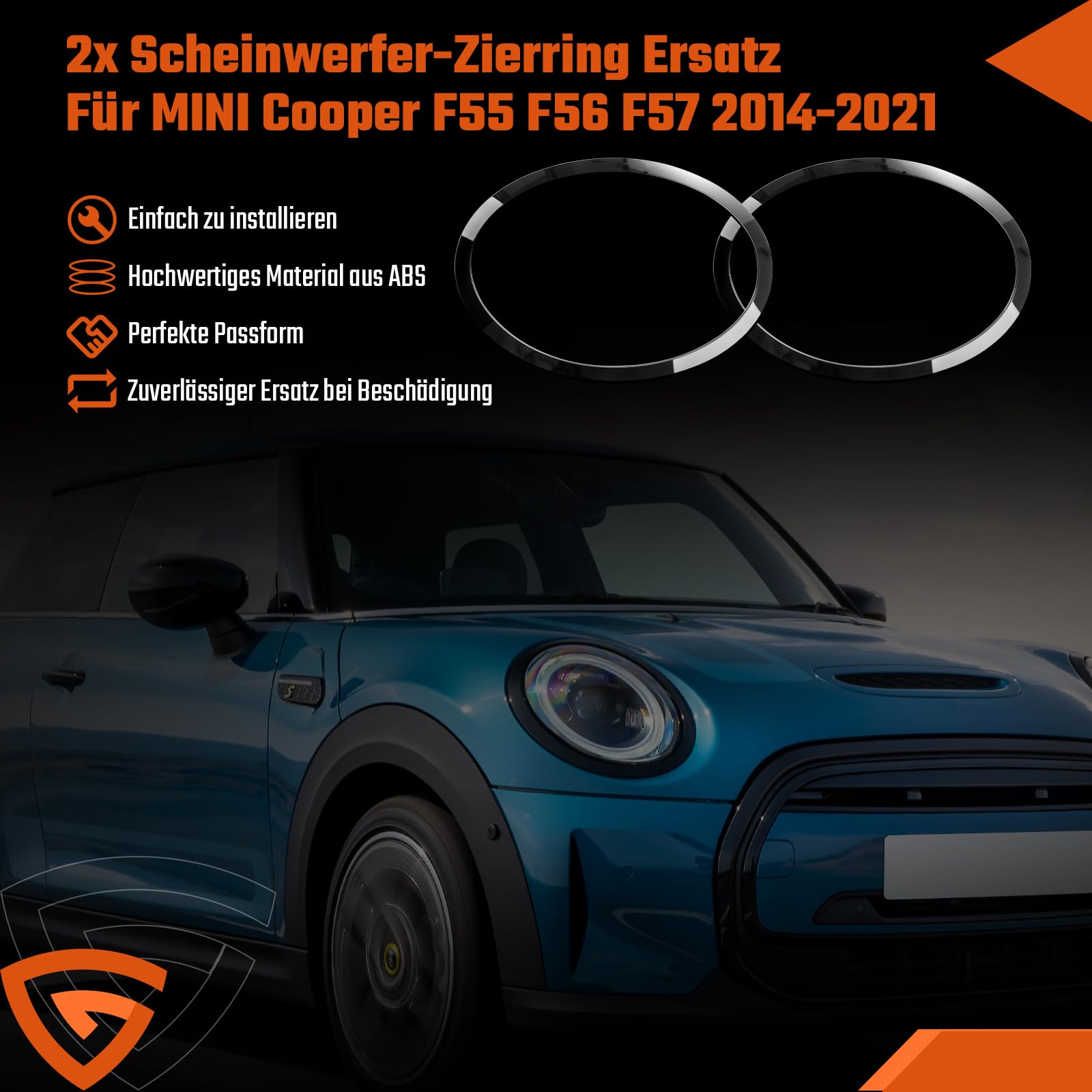 GEARMONSTER Juego de 2 anillos de repuesto para faros delanteros de coche, compatibles con Mini Cooper F55 F56 F57 2014-2021, color negro