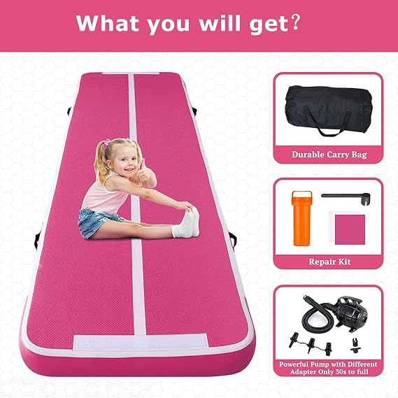 Air Tumble Track Gymnastic Mat Inflatable 6.6ft 10ft 13ft 16ft 4/8 Inch Thickness Gym Tumbling Floor Mats with Air Pump for Home Use/Cheerleading/Yoga/Dance/Water Fun