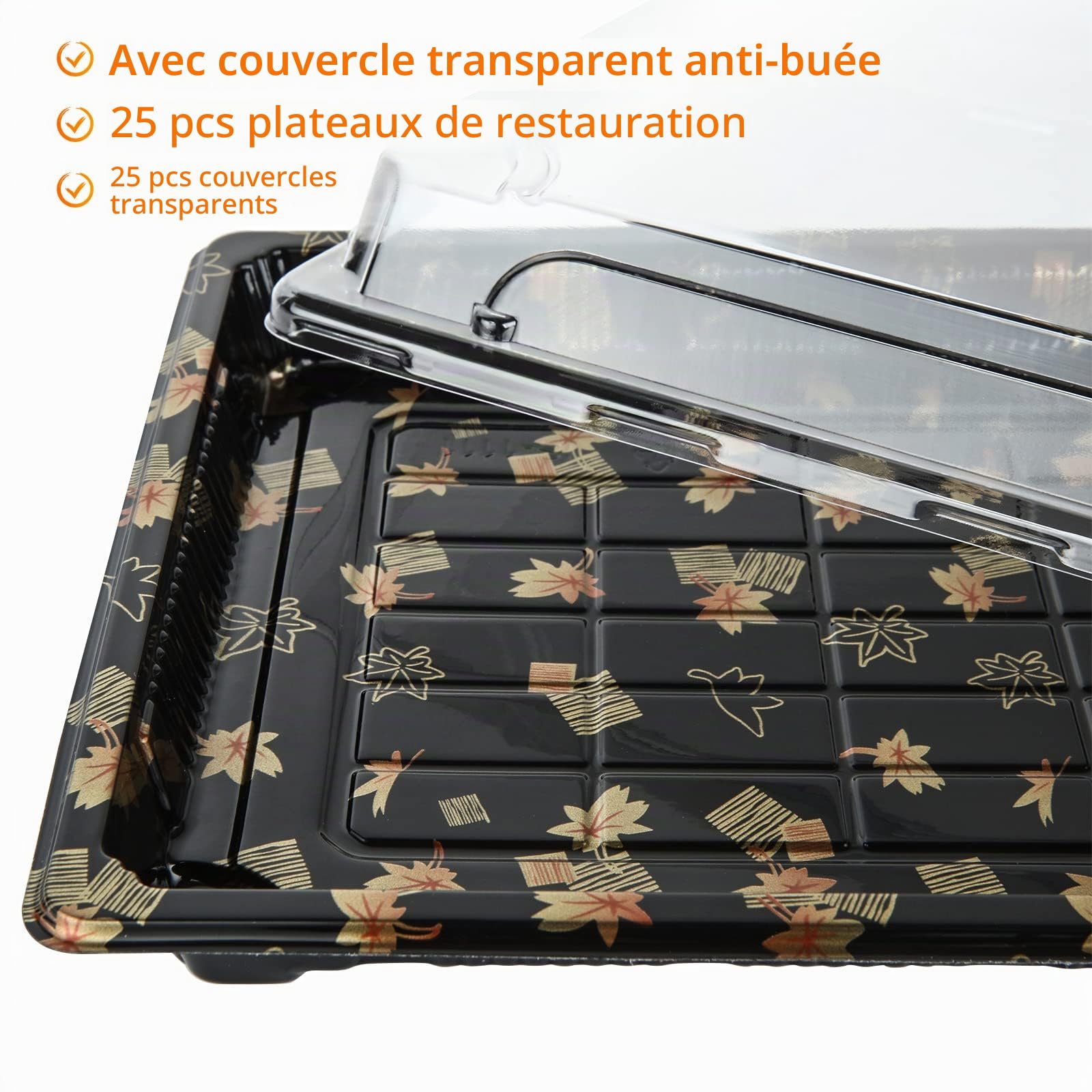 JMIATRY Lot de 25 plateaux réutilisables en plastique, couvercles inclus, 261 mm x 190 mm, friandises et sandwiches, récipients noirs pour fêtes et buffets