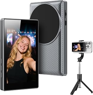 Vlog Selfie Monitor Screen for iPhone, 4K 30fps Recording 3-Levels Gradual Zooms & Brightness Magnetic Mount Wireless Screen Mirroring Connection with Speaker Rear Camera & Selfie Stick Tripod