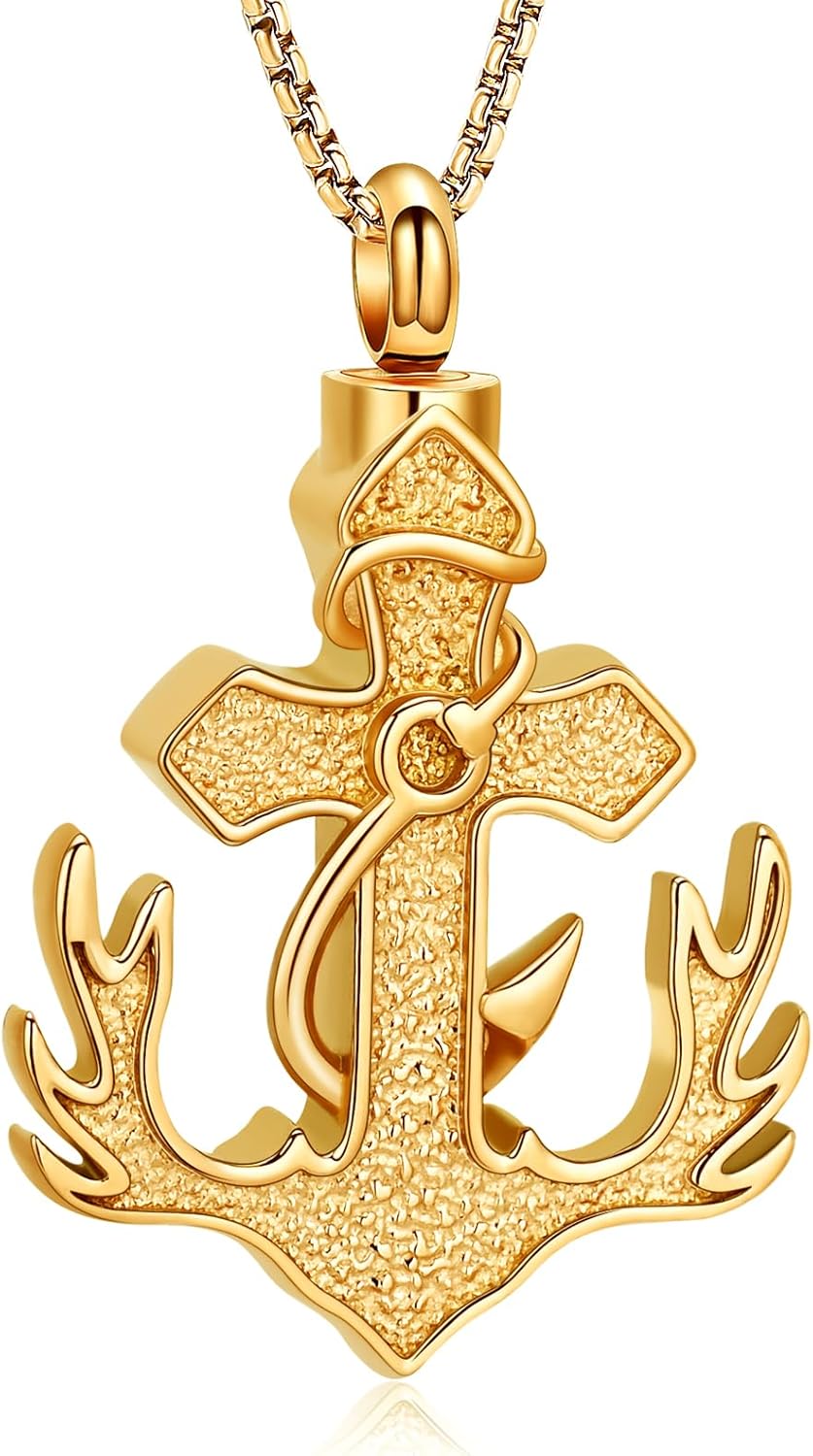 Cross Anchor Cremation Jewelry Fish Hook Urn Necklace for Ashes Deer Antler Stainless Steel Ashes Pendant for Women Men Keepsake Memorial Jewelry Ashes Lockets for Loss of Loved One