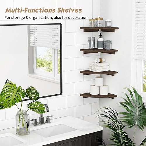 Miniatura 7 de Forbena Juego de 4 estantes de esquina flotantes para pared, estantería de esquina pequeña para libros de dormitorio, estante de esquina redondo de