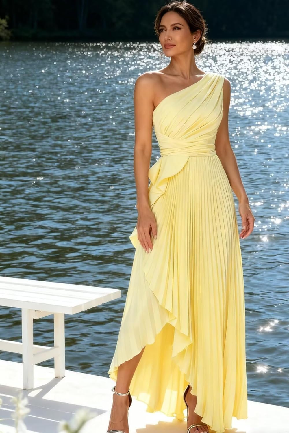 Pleated Satin Bridesmaid Dress One Shoulder Formal Party Dresses for Women GR023