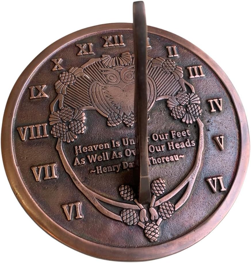 Brass Thoreau Sundial with Owl Face-Decorative Garden Timepiece-Garden Sundial-Solid Brass Verdigris Highlight Finish Perefct for Gifting