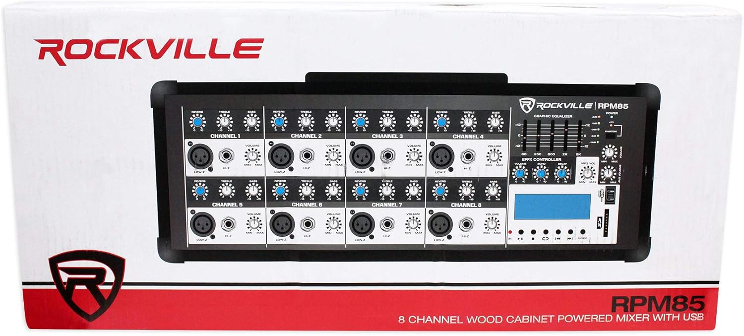 Rockville RPM85 2400W Powered 8 Channel Mixer, Bluetooth, USB/SD, 5 Band EQ, Adjustable Echo/Delay, +15V Phantom Power, for Live Music and Events - Image 10