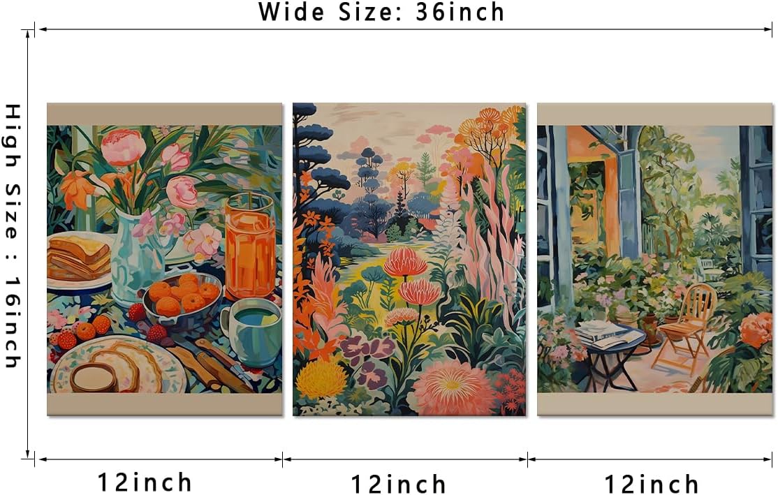 Colourful Kitchen Wall Art Set of 3 Prints Flower Summer Breakfast Wildflowers Botanical Garden Wall Art Decor Minimalist Impressionism Art Canvas Print Framed Ready to Hang-12'' W X 16''H X 3pcs