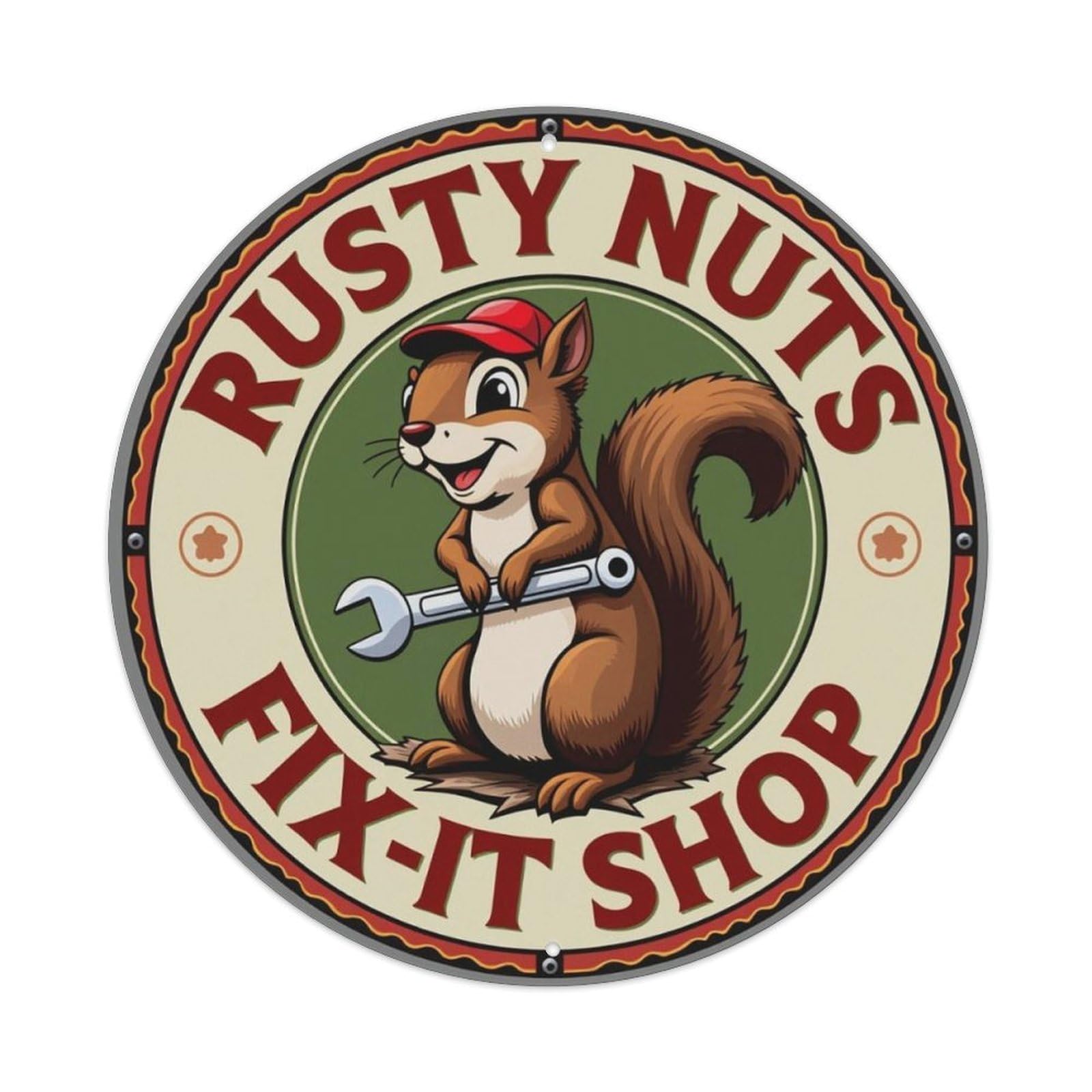 Vintage Cartoon Squirrel Repair Workshop Round Decor Sign Vintage Aluminium Metal Sign, Retro Wall Decor for Home, Bar, Garage & Farmhouse 20x20cm