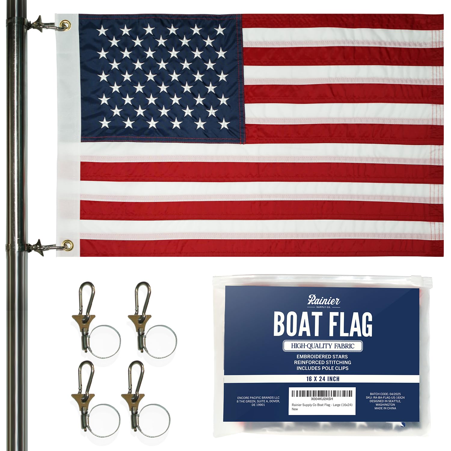 RainierSupplyCo Large American Flag for Boat - 16x24 USA Boat Flags with Embroidered Stars, Sewn Stripes, 2 Brass Grommets, 4 Heavy Duty Clips -