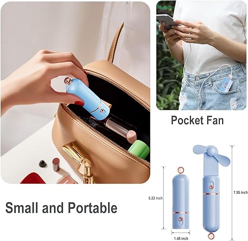 Miniatura 6 de Ventilador de mano portátil, recargable por USB, 3 velocidades, ventilador de bolsillo pequeño personal de viaje para niñas y mujeres al aire libre