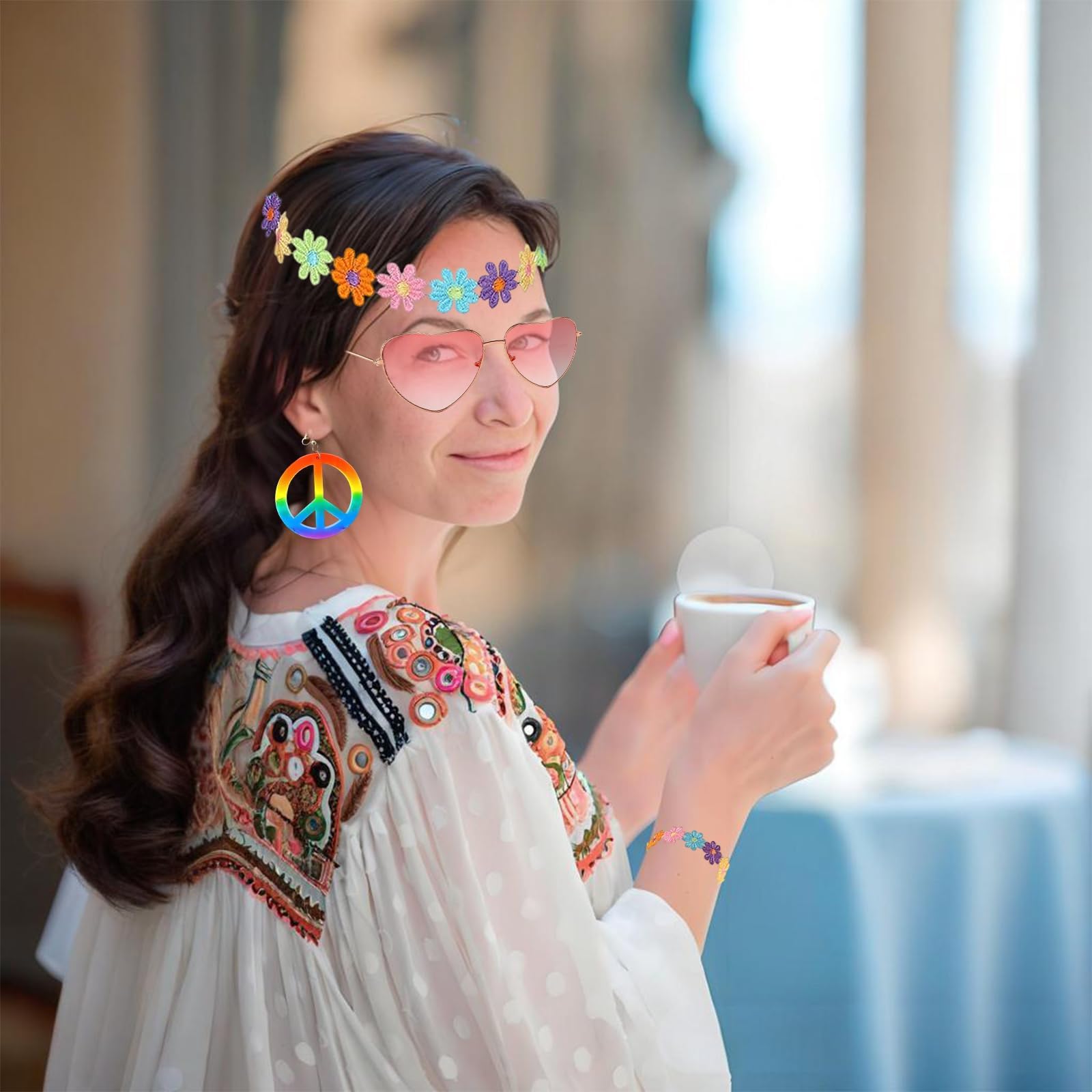 7 Pcs Hippie Accessories Set, 70s Fancy Dress Women Accessories Include Flower Crown Headband Wristband and Hippie Sunglasses - Image 4