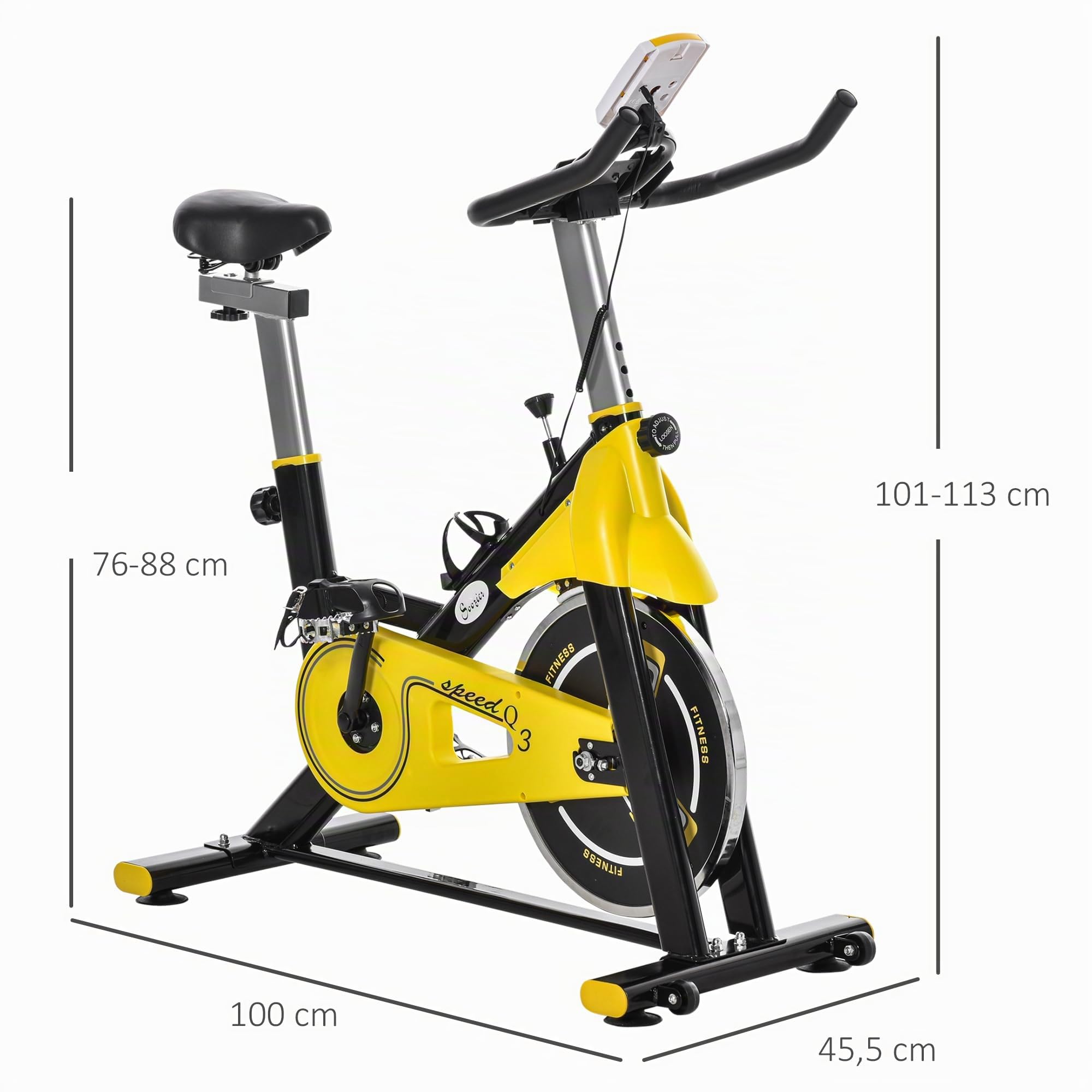 HOMCOM Bicicleta Estática con Resistencia Regulable Amarillo y Negro | Bicicleta de Fitness, Bici Estática, Pantalla LCD, Manillar, Ruedas, Asiento Ajustable, Soporte de Tableta para Gimnasio Casa