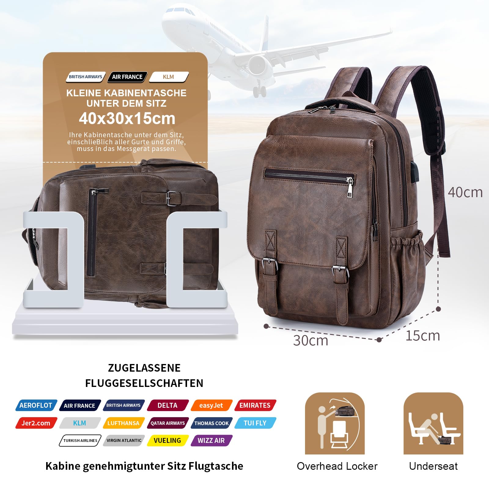 Plecak Skórzany 40x30x15cm British Airways Wizzair Bagaż Podręczny Samolotowy, Wodoodporny Elegancki Plecak Podróżny Nowoczesny Dla Unisex Z Przegrodą Na Laptopa 15.6 Cala