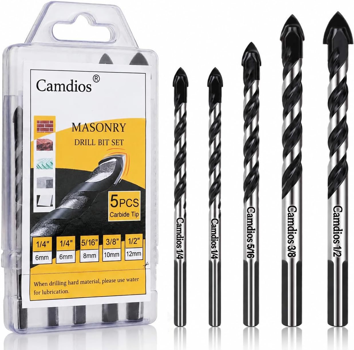 5-Piece Masonry Drill Bit Set & Concrete Drill Bit Set, 5 Sizes, 1/4"-1/2"