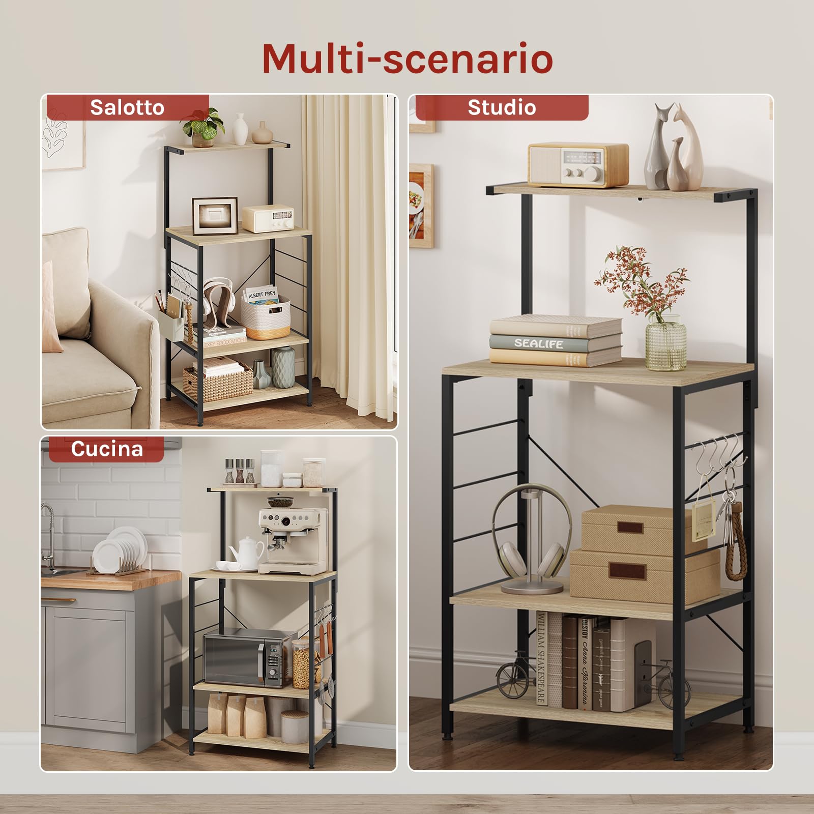 WOLTU Scaffale per Cucina in Acciaio Legno 4 Ripiani Carrello per Microonde Scaffalature Organizzatore 60x40x123 cm