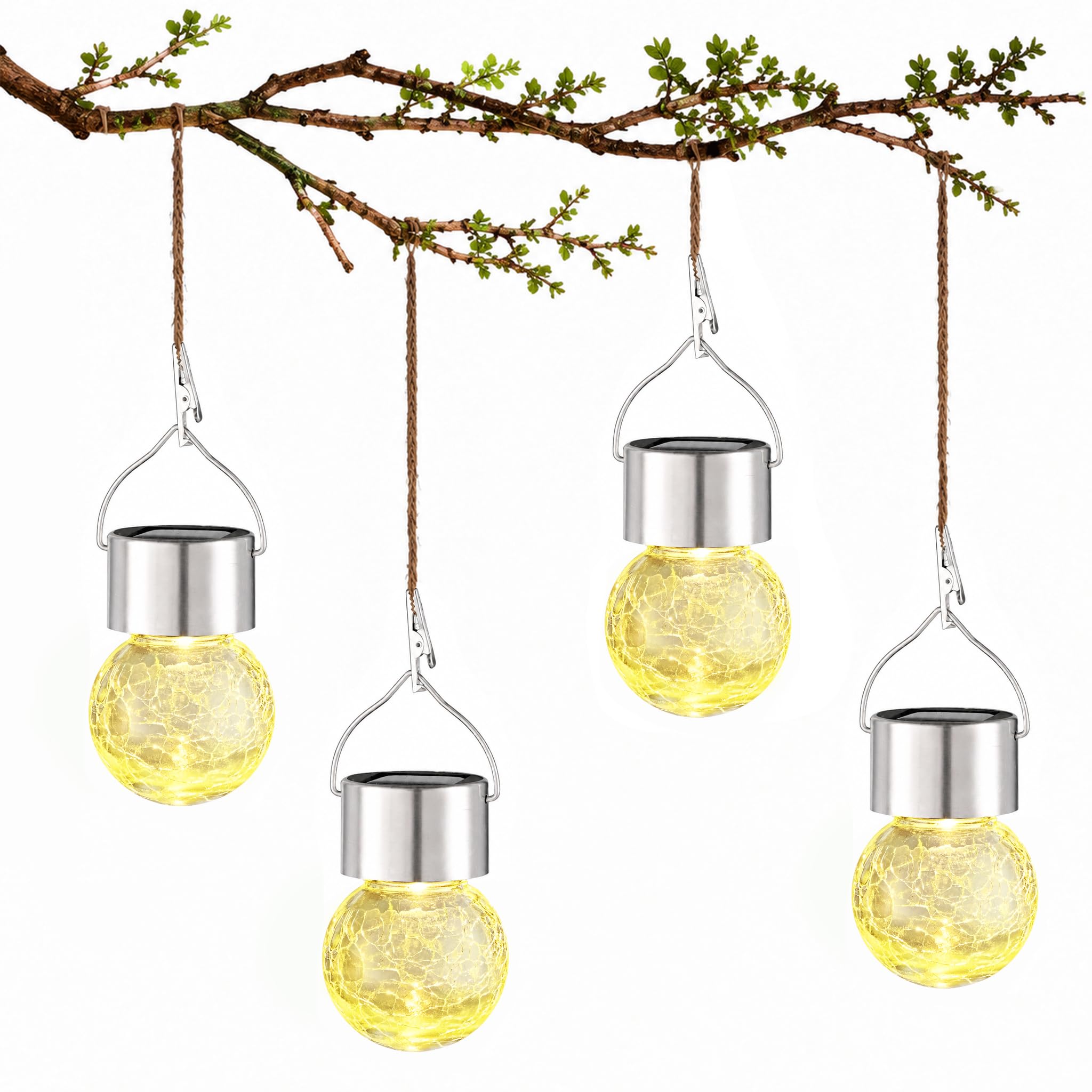 Yihuiko Warm White Solar Crackle Globe Hanging Ball Lights - 4 Pack Glass Decorative Garden Lights Waterproof Solar Lanterns For Yard, Patio, Fence, Tree, Or Holiday Decoration (Warm White)