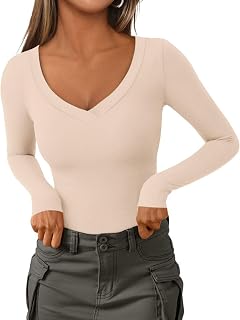 Long Sleeve Shirts for Women 2025 Fall Fashion V Neck Going Out Tops Slim Fit Basic Tees Y2K Clothes