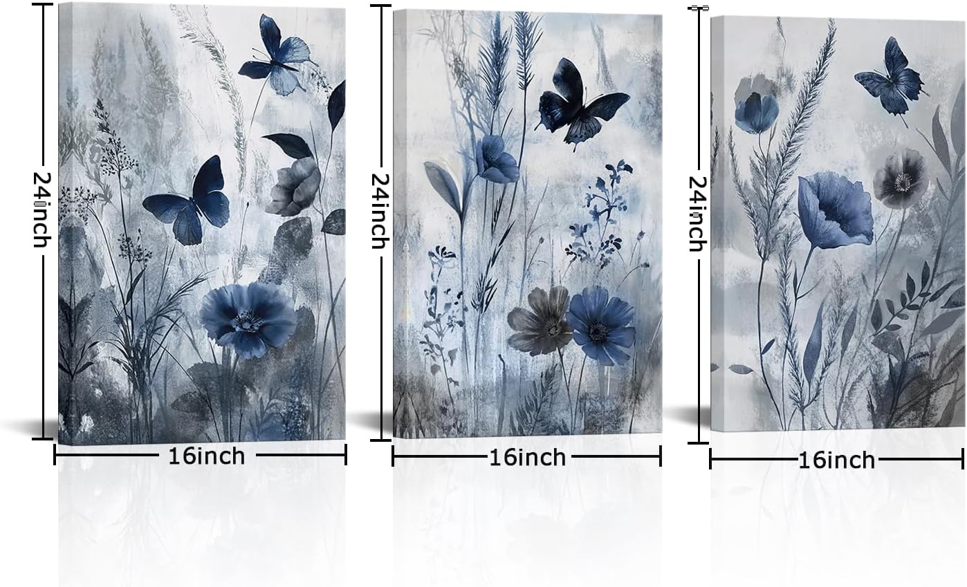 NutArtPic Botanical Canvas Wall Art Framed Wildflower Paintings Poppy Pictures Blue Artwork Minimalist Bedroom Bathroom Kitchen Wall Art(Blue Large)