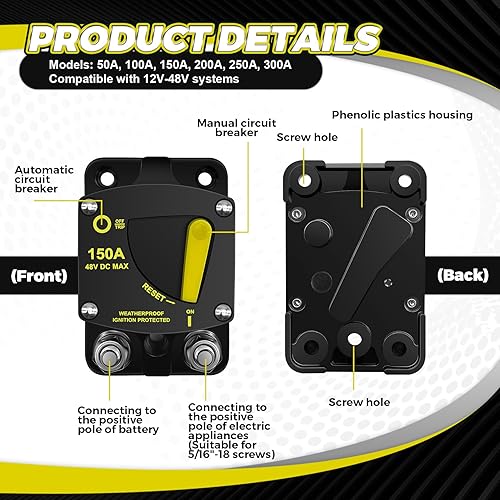 Miniatura 5 de Disyuntor de 200 amperios con interruptor de reinicio manual para vehículos recreativos marinos, yates, barcos de arrastre, sistema solar, 12 V-48 V