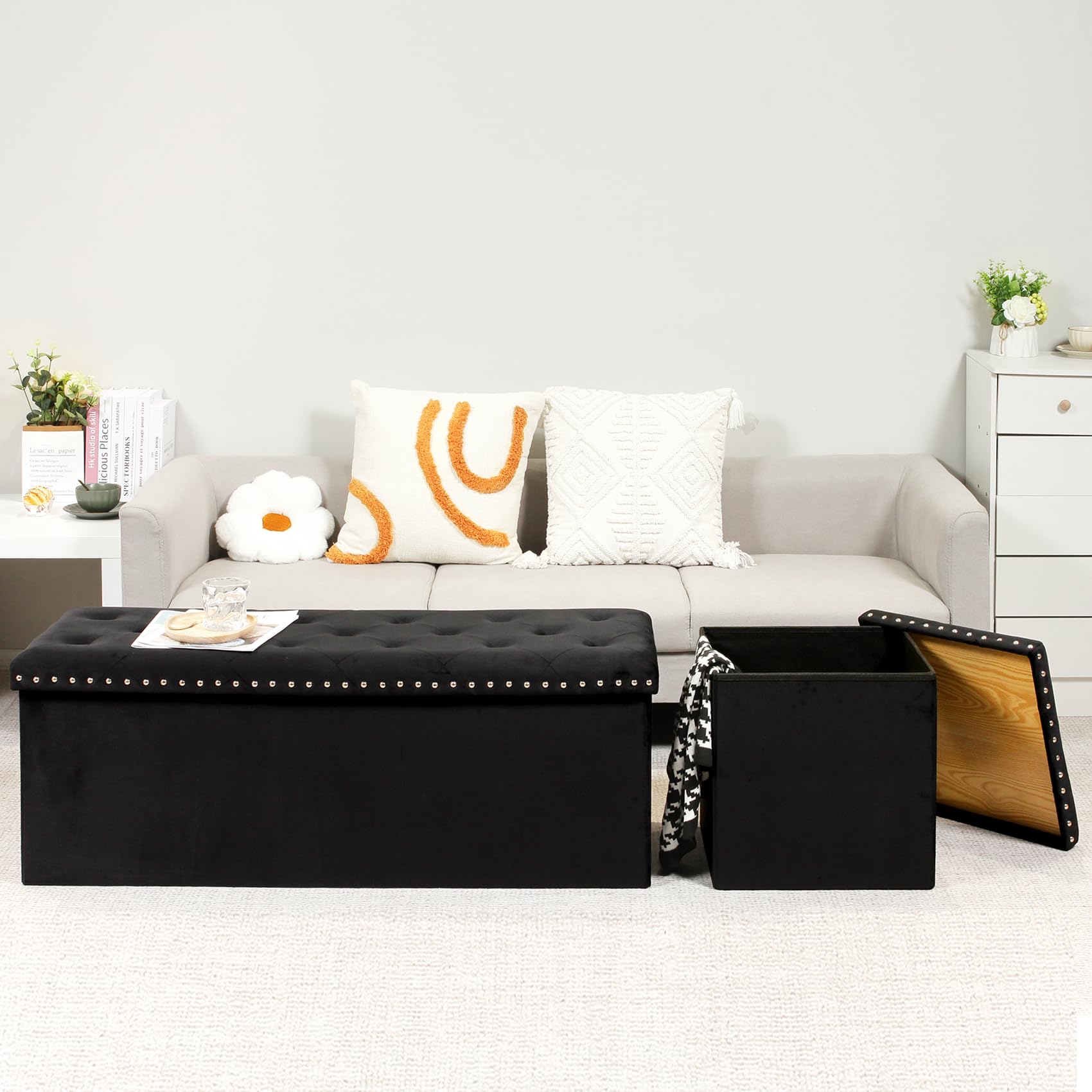 Banco otomano de almacenamiento negro con bancos, taburete para reposapiés, grande y largo, plegable, de terciopelo, para dormitorio, sala de estar, 43.3 x 15.7 x 15.7 pulgadas 9