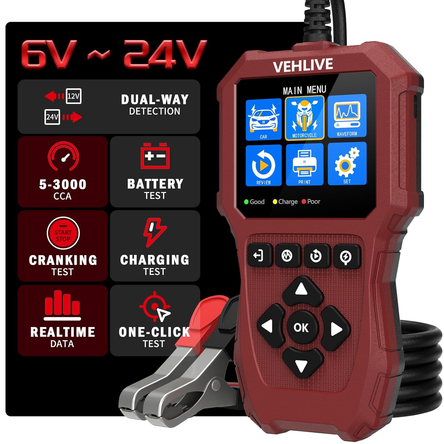 VEHLIVE BT911 Car Battery Tester with clamps and screen showing main menu