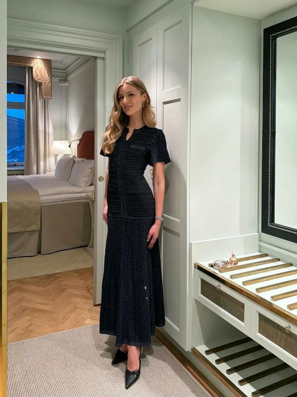 Vestito Abito Maxi con Paillettes da Donna 2026, Longuette Lavorato A Maglia Maniche Corte Scollo Rotondo in Vita Stretto Festa Monopetto Scavato-Blu Marino-s