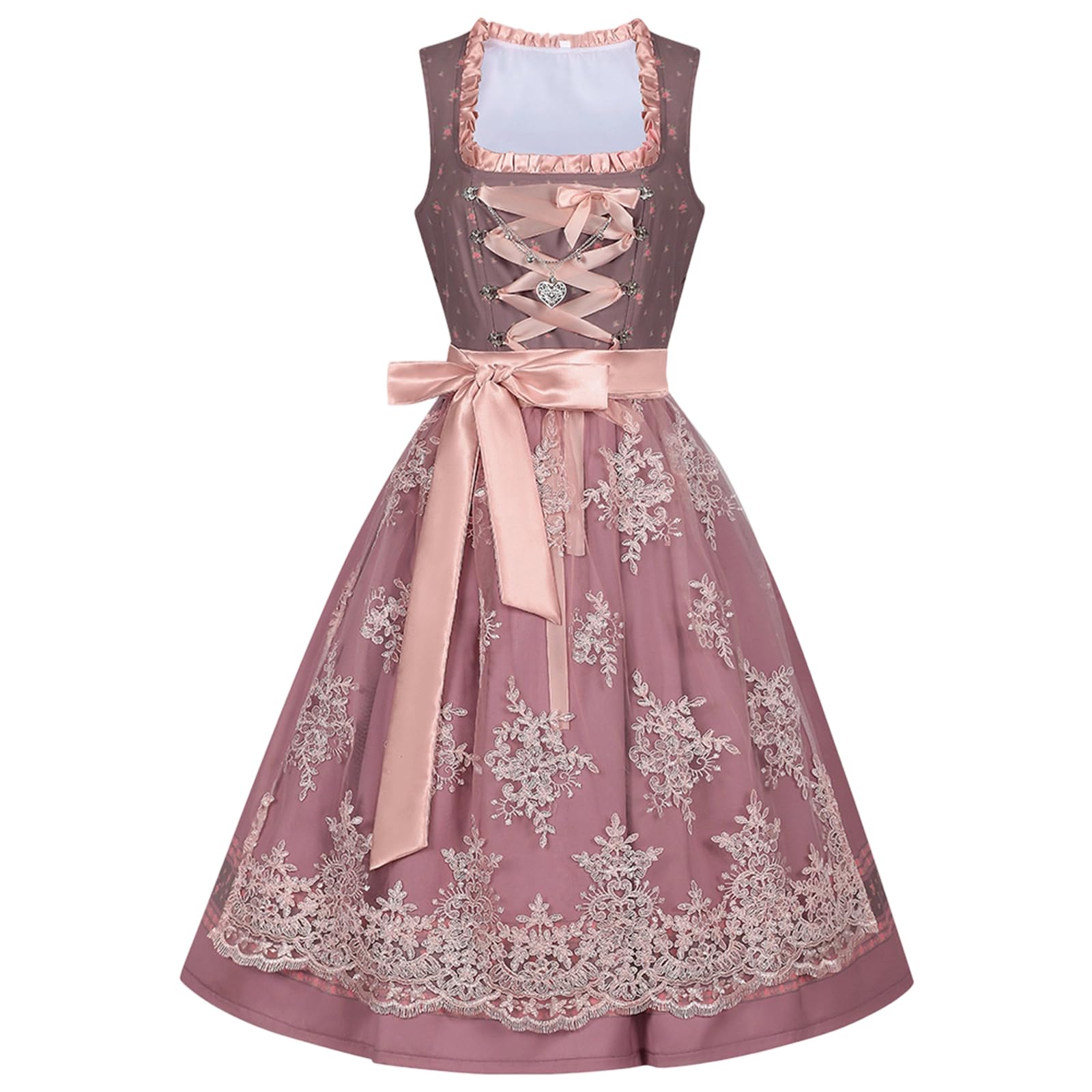 Dirndl Damen Midi Trachten Dirndl Kleid Trachtenkleid Spitzen Trachtenmode Trachtenrock Oktoberfest Damen Outfit Schnürung Blumenmuster Dirndlkleid Kleider Elegantes Trachtenkleider