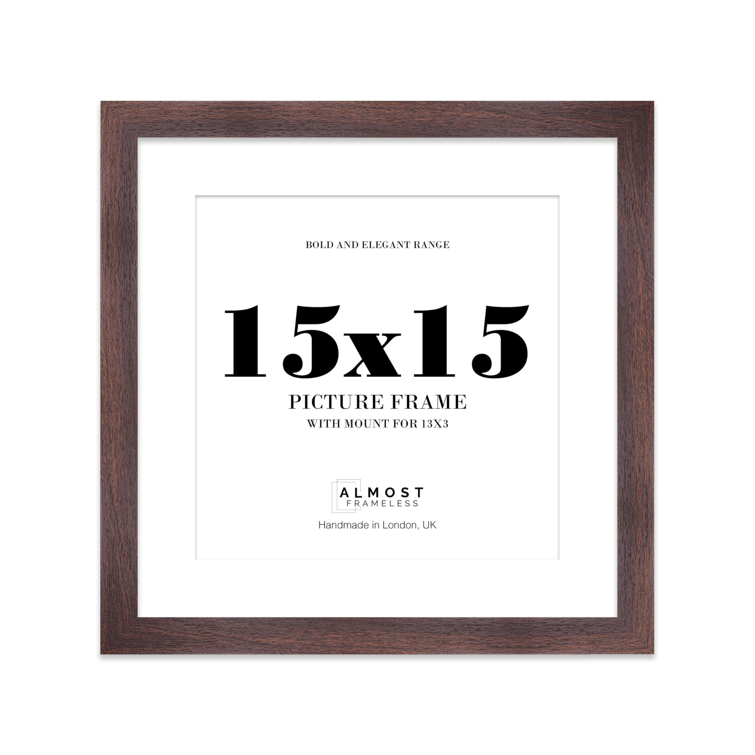 15x15" Walnut Square Frame With Mount for 13x13" Pictures 28mm Edge Frame Display with Wall Hooks, 1 Pack