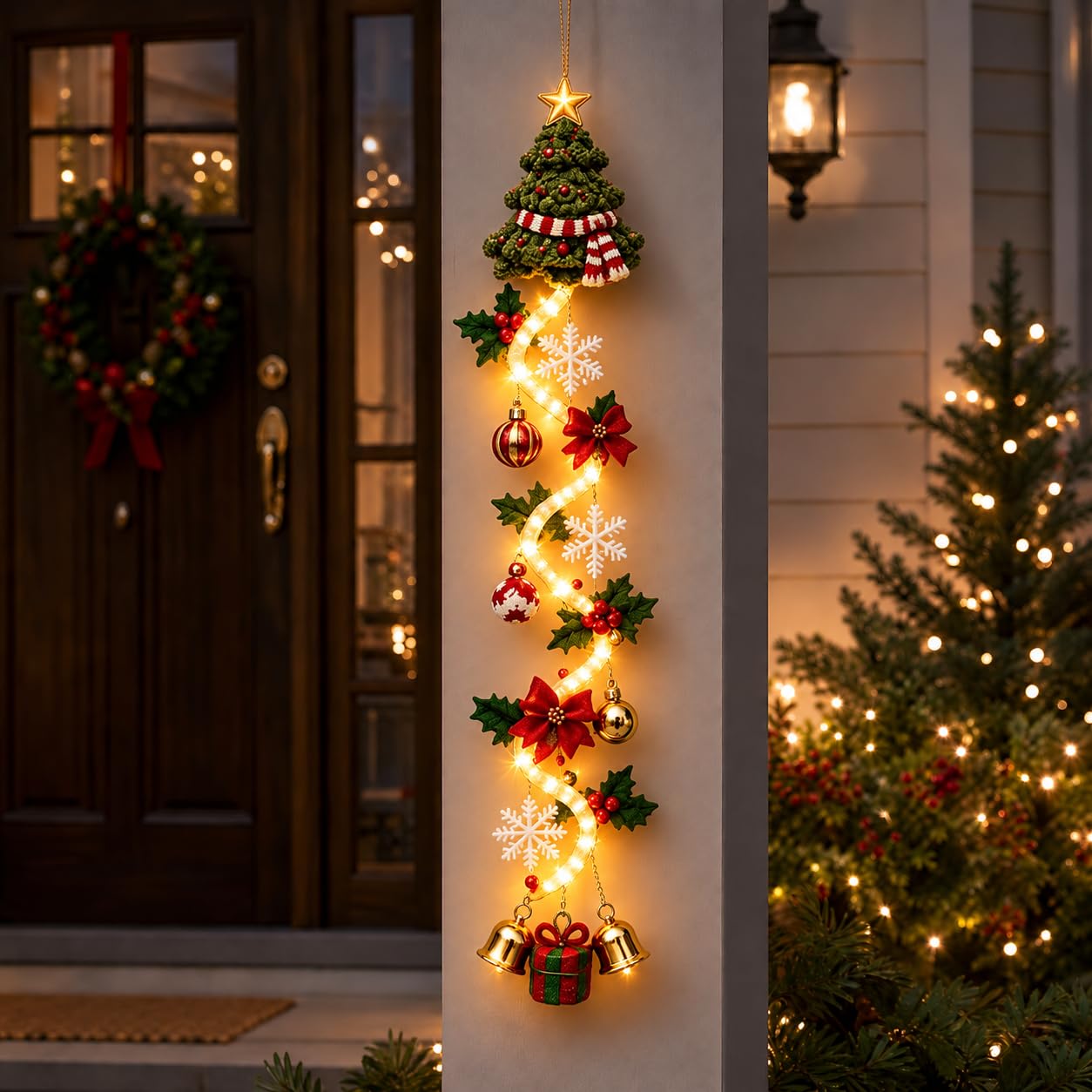 Glowing Christmas Door Hanger, 6 Festive Lighted Design with Warm Glow
