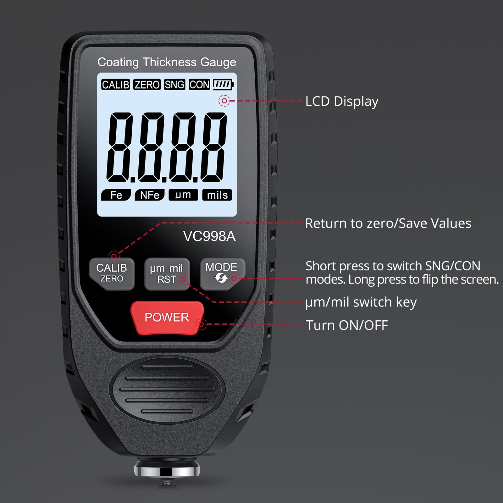 BINTA Medidor de Espesor Digital Medidor de Pintura para Automóviles Pantalla LCD de 0-1500 μm para Hierro y Aluminio