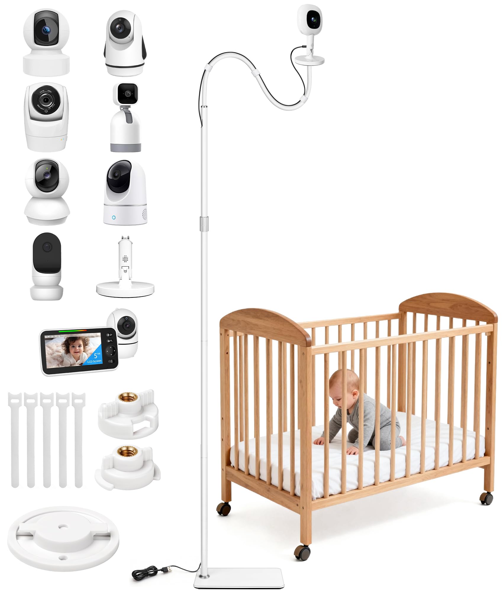 82" Adjustable Height Baby Monitor Floor Stand with Flexible Gooseneck - No Drill & Tool-Free,Sturdy Base,Fits Nanit Pro & Flex,HelloBaby,Kasa,Tapo & Most Baby Monitor Cams (Camera Not Included)