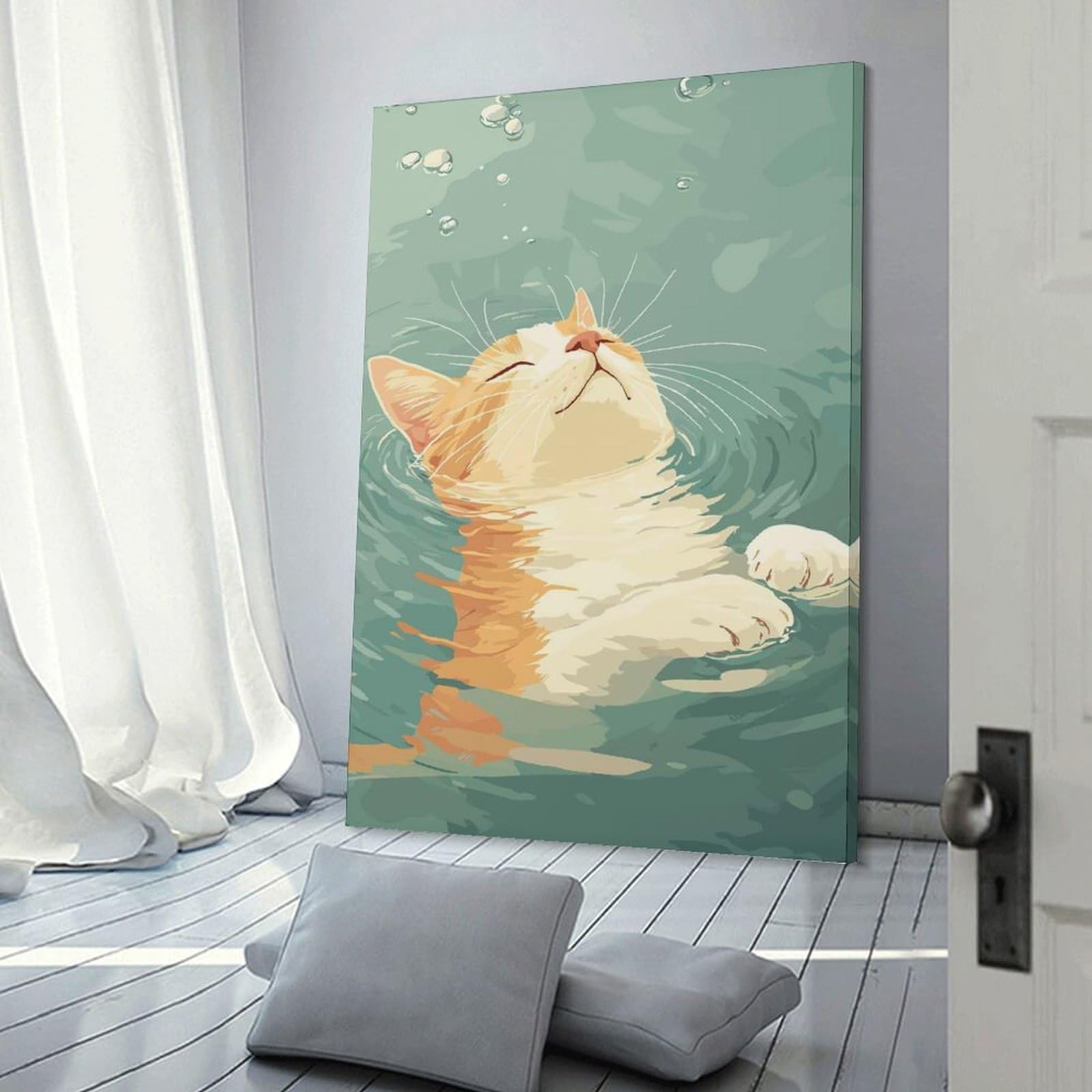 Junmoney Relaxing Cat Floating in Water Canvas Art Print, 24x36inch(60x90cm), for Restful Interiors, Bedrooms Or Small Rooms, A Warm Accent for Relaxed Interiors